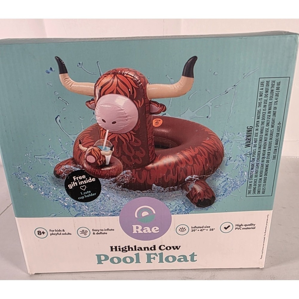 Rae Dunn Highland Cow Inflatable Pool Float With Mini Cup Holder 39 in‎ diameter